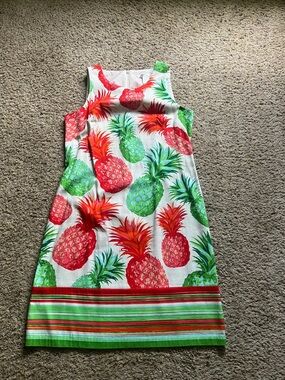London Times Pineapple Print Shift Dress - Red, Green & White